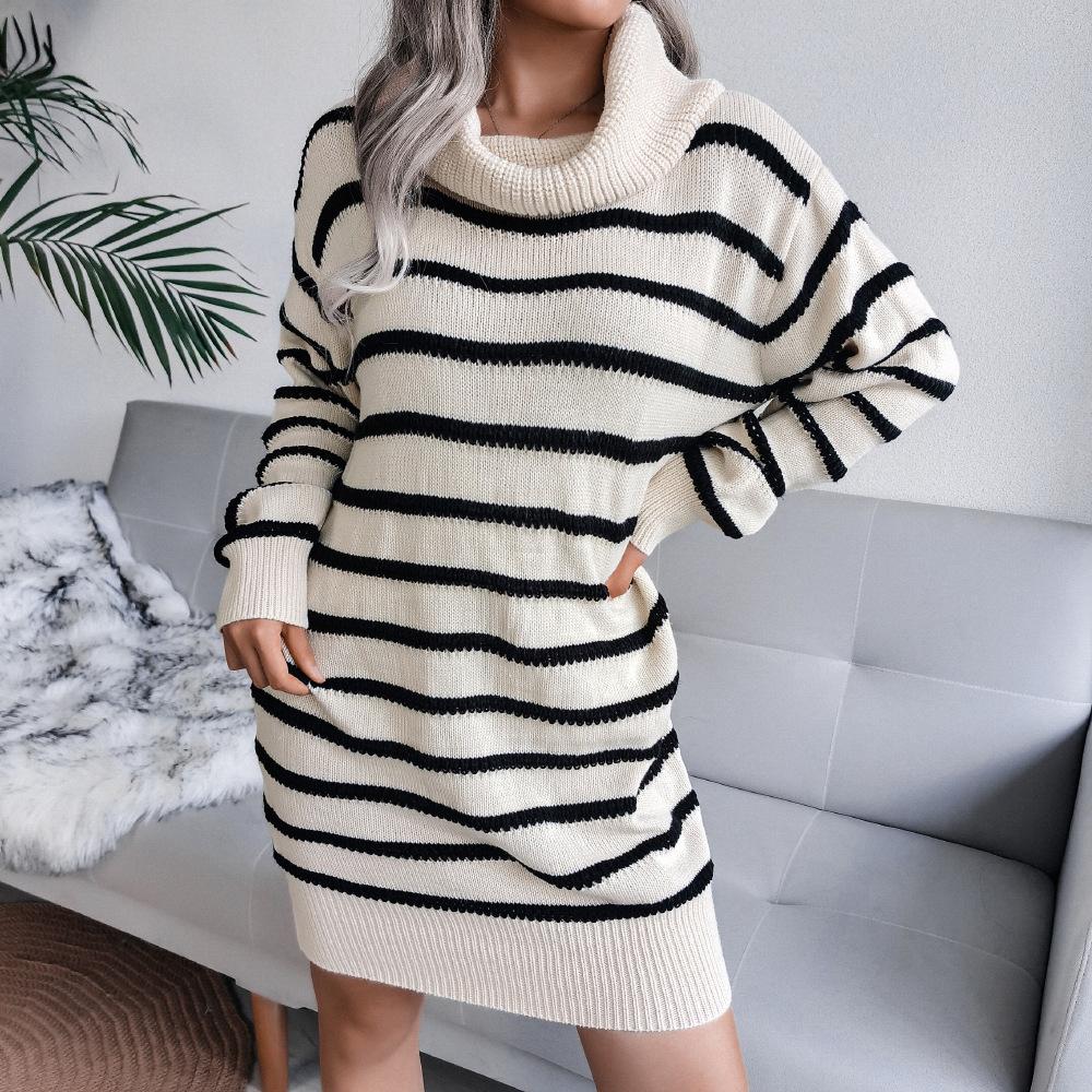 Women's Sweater Dress Casual High Neck Striped Knitted Sweater Dresses