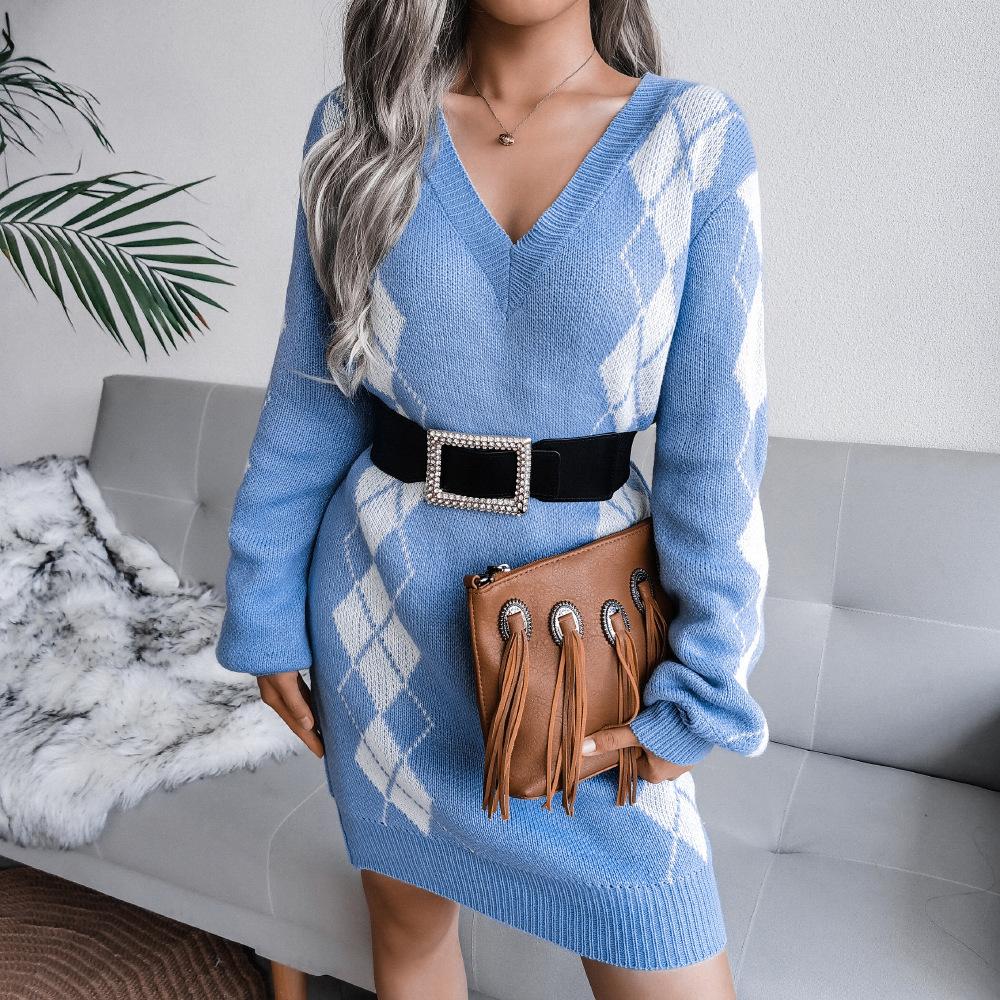 Women's Sweater Dress Plaid V-neck Knitted Long Sleeve Bodycon Dresses