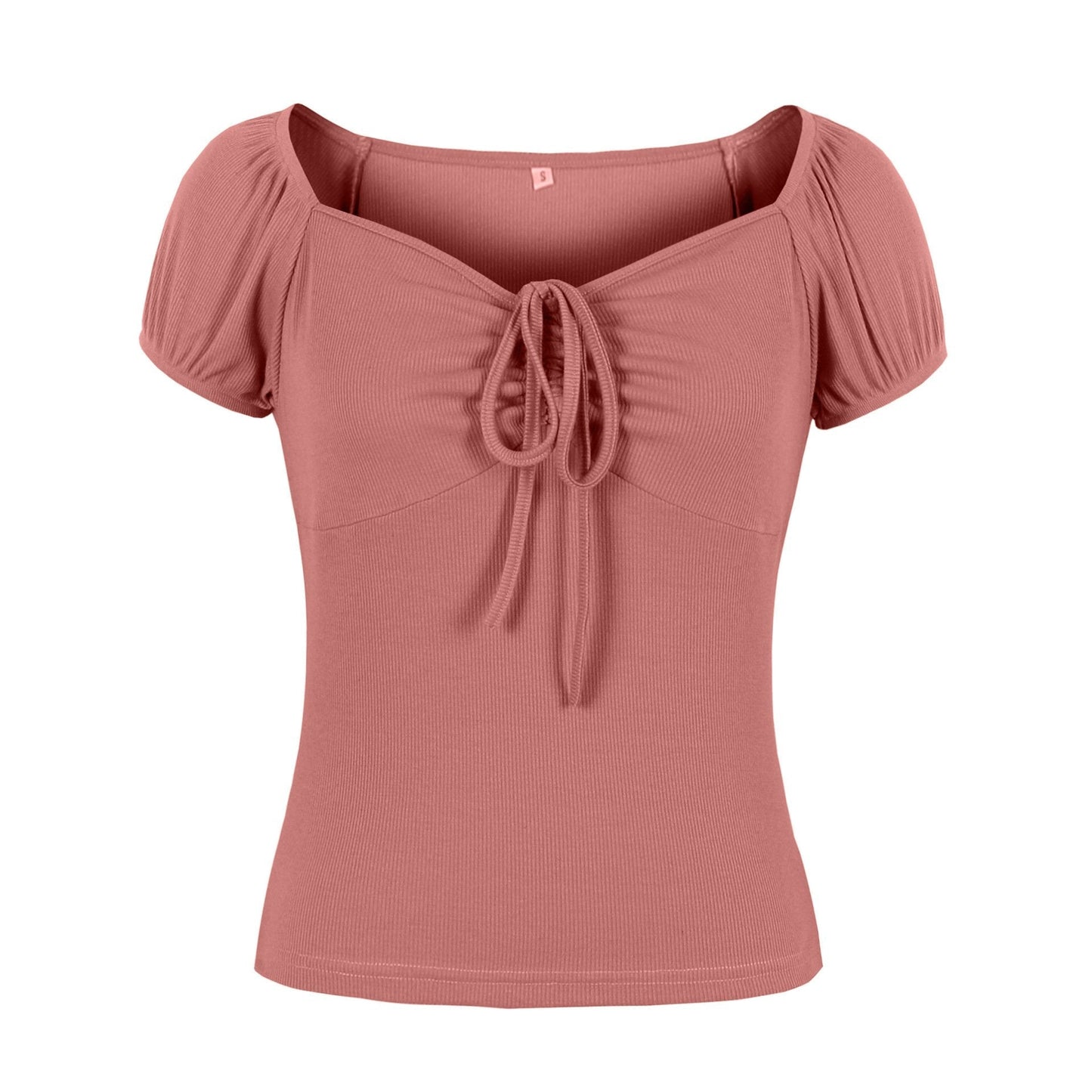 Women's T Shirts Solid Color Pleated Drawstring Front Bodycon Top