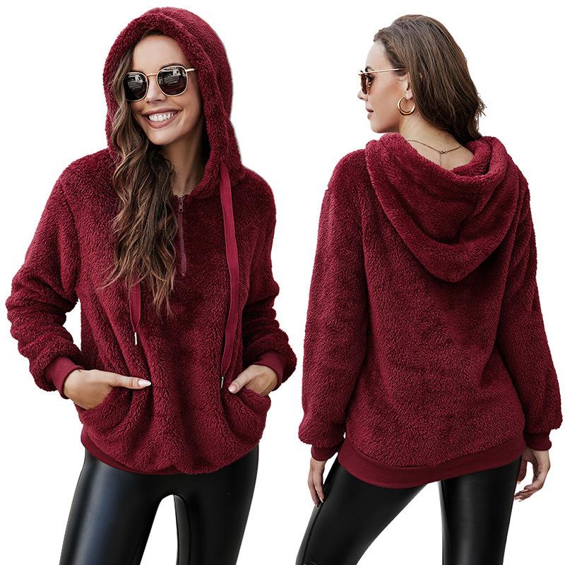 Women's Wool Coat Solid Color Zipper Pockets Hooded Teddy Bear Coat