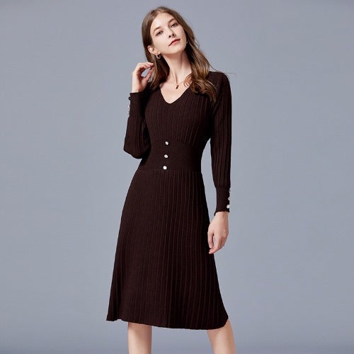 Women's Sweater Dress V-neck Long Sleeve A-line Midi Knitted Dresses