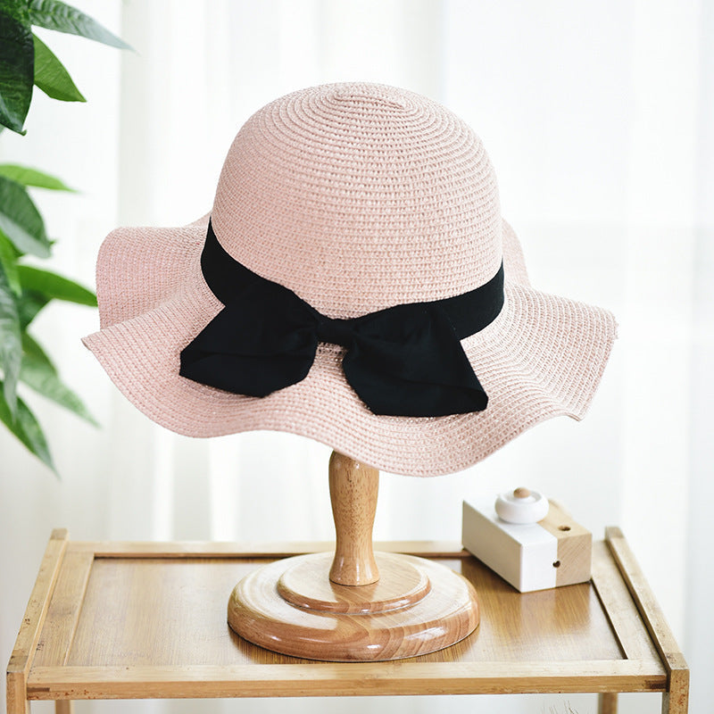 Women's Sun Hat Bowknot Wavy Brim PV Protection Straw Hat