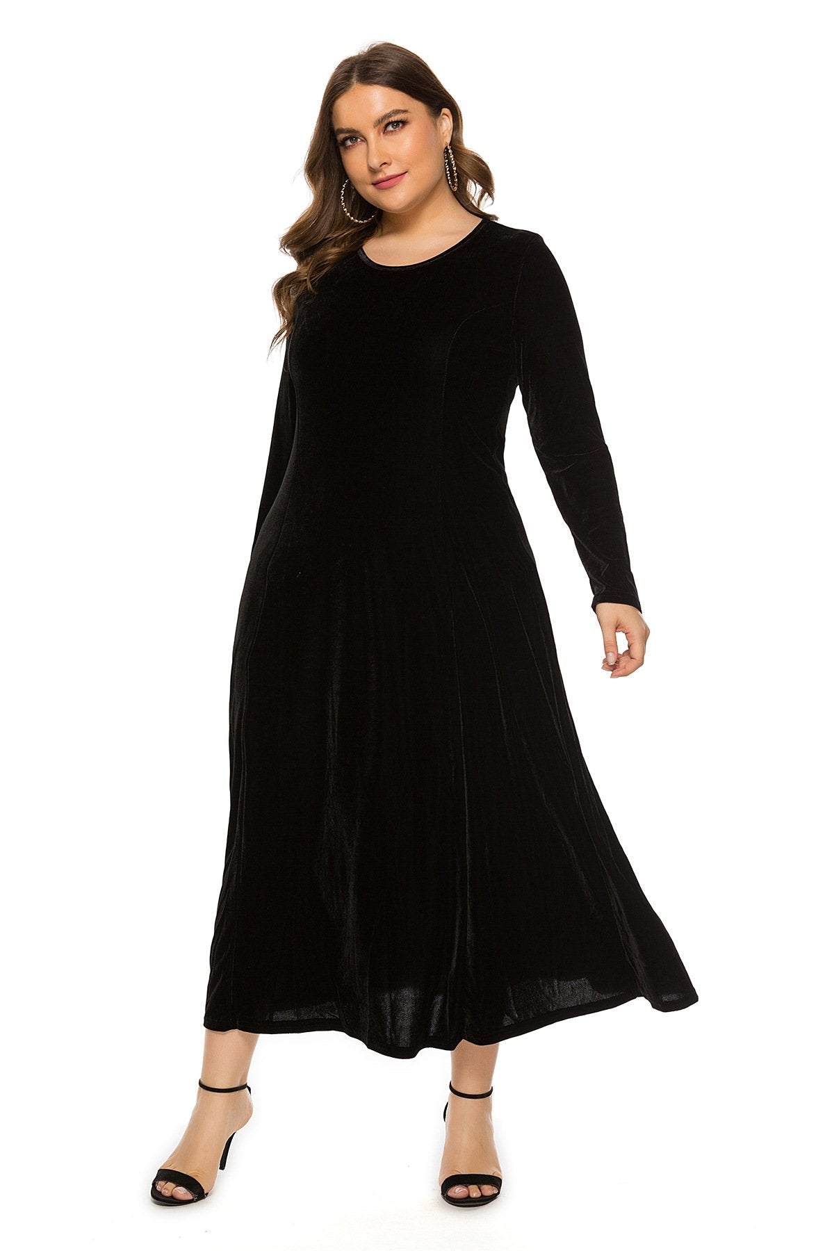 Women's Velvet Dress Round Neck Long Sleeve A-line Plus Size Dress