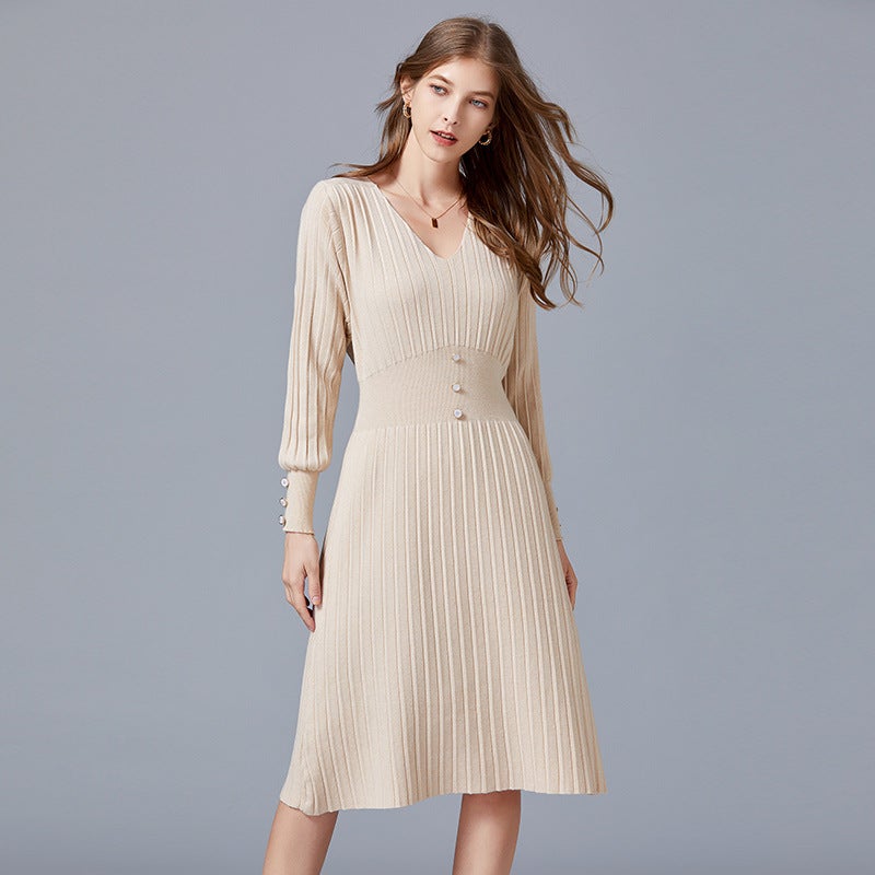 Women's Sweater Dress V-neck Long Sleeve A-line Midi Knitted Dresses