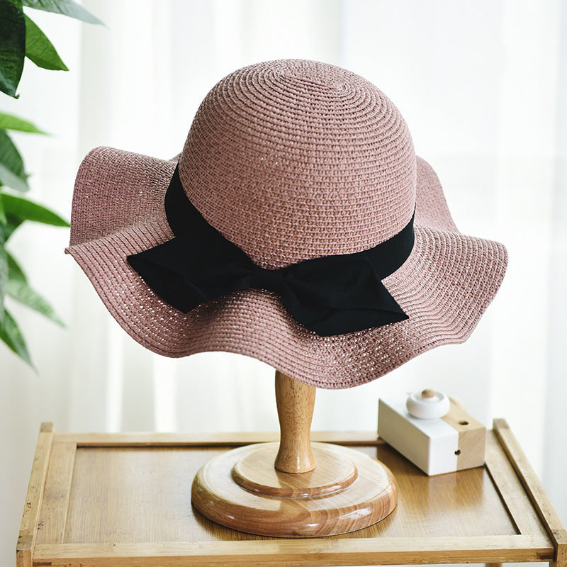 Women's Sun Hat Bowknot Wavy Brim PV Protection Straw Hat