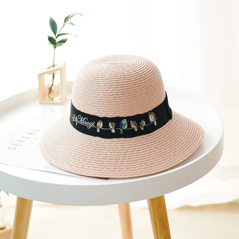 Women's Sun Hat Embroidered Pattern UV Protection Dome Straw Hat