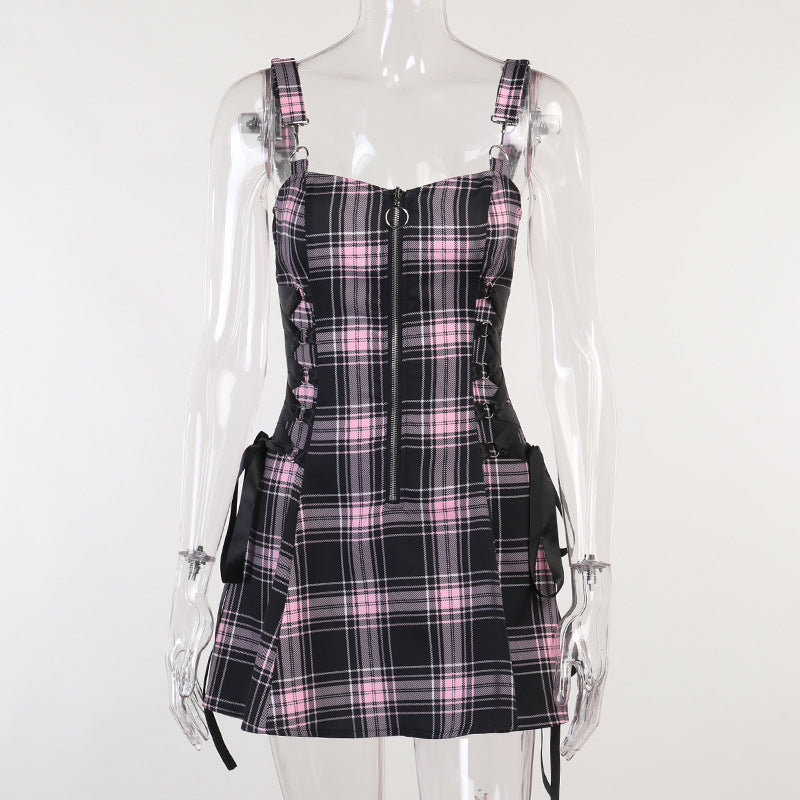 Women's Suspender Dress Square Neck Sleeveless Plaid Drawstring Zip Swing Dress