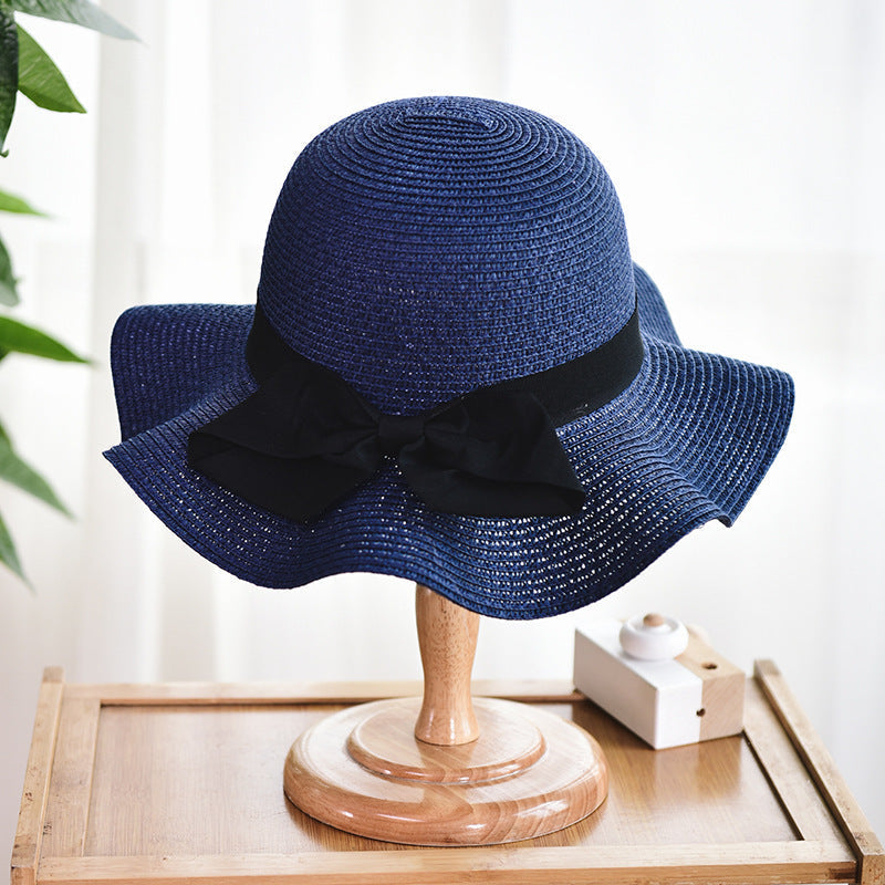 Women's Sun Hat Bowknot Wavy Brim PV Protection Straw Hat