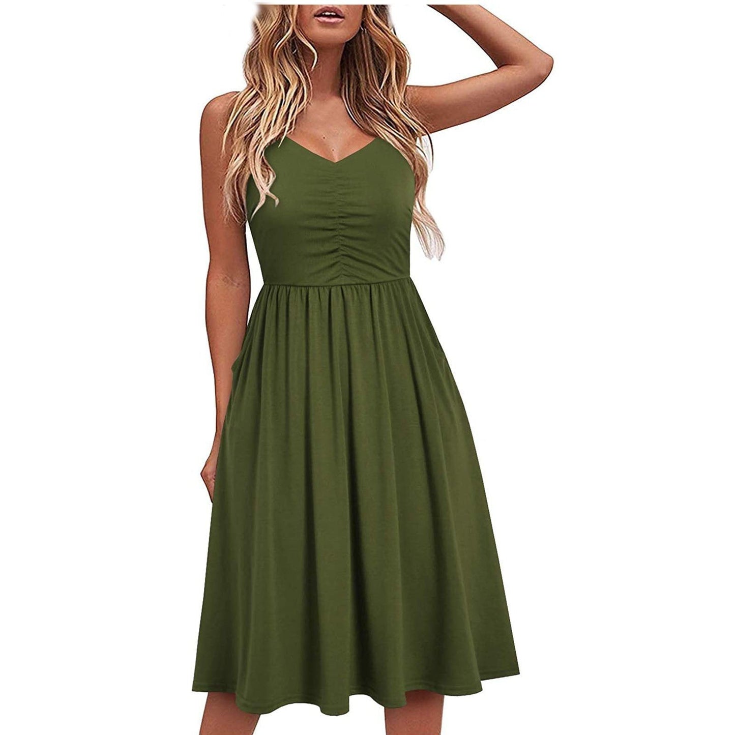 Women's Spaghetti Strap Dress Floral Pleated Tie Waist Backless Swing Dresses