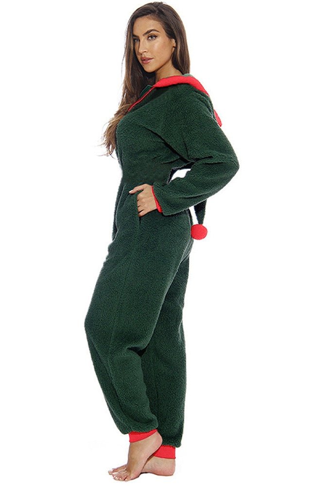 Womens Zipper Santa Onesie With Hood Red