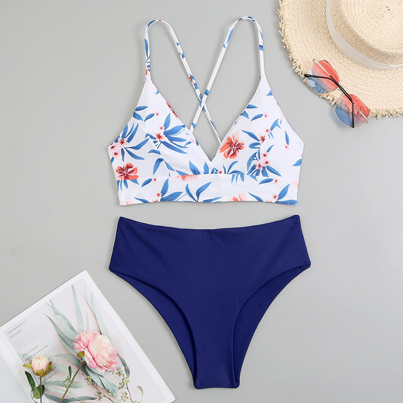 Women's Two Piece Set Swimwear Floral Printed Suspenders Bikini Swimsuit