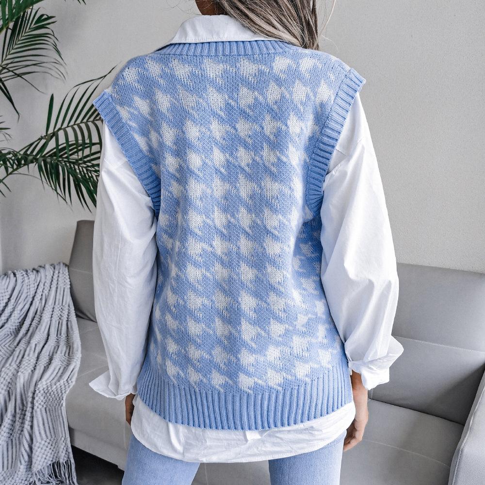 Women's Sweater Vest V-neck Houndstooth Casual Loose Pullover Knit Tops