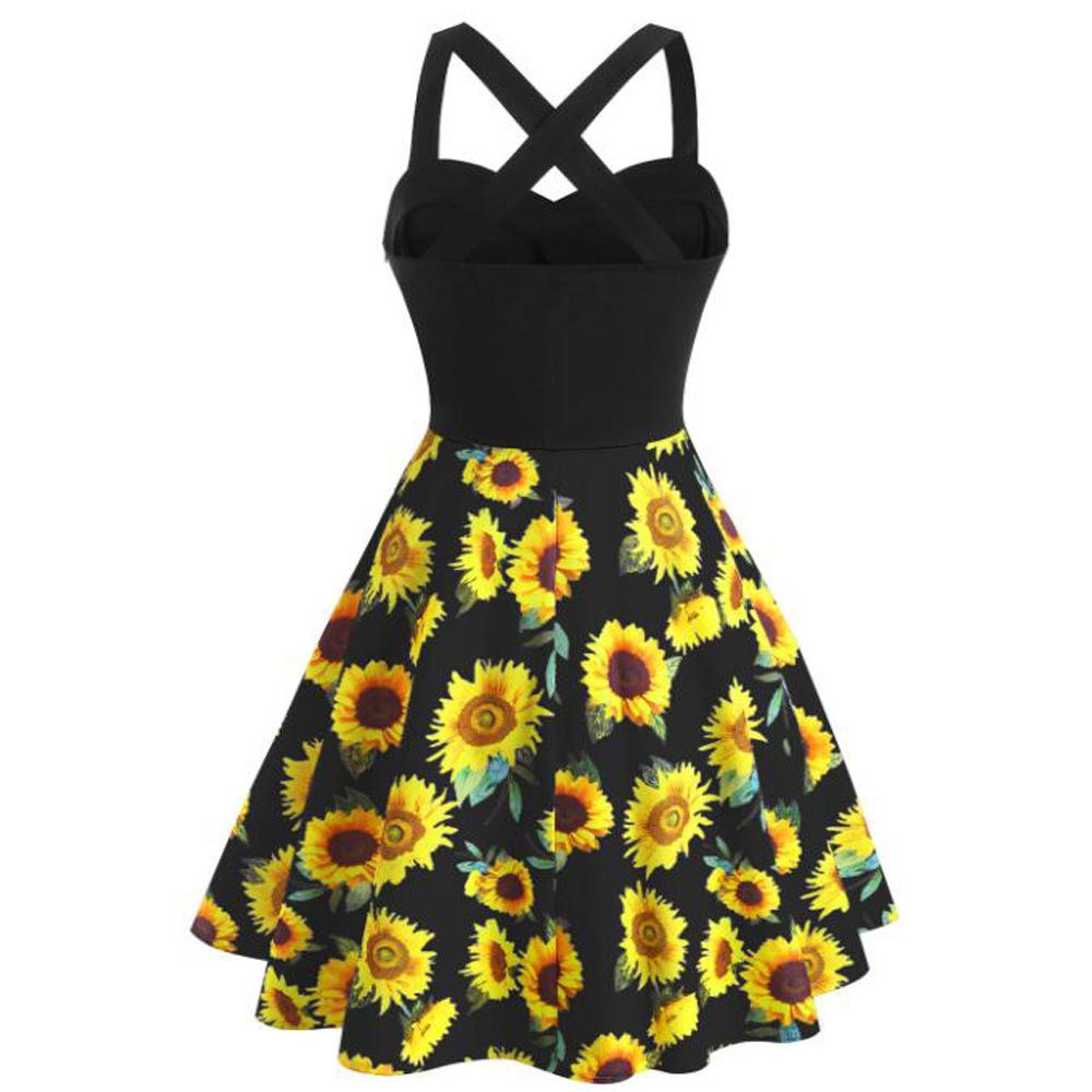 Women's Vintage Dress Sunflower Butterfly Backless Criss Cross Button Swing Dresses