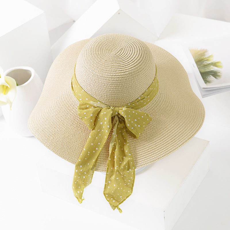 Women's Sun Hat Chiffon Streamer Large Brim Beach Straw Hat