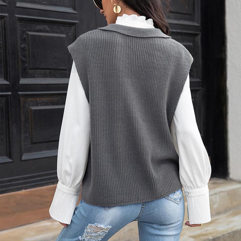 Women's Sweater Vest Lapel Collar Solid Color Button Oversized Sweater