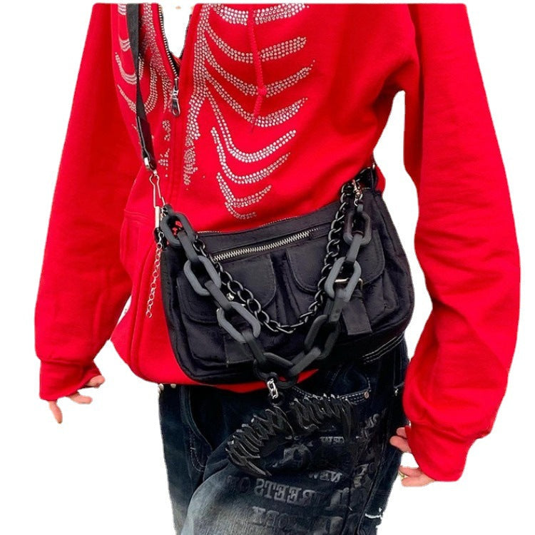 Y2k Oversized Jacket Coat Rhinestone Skeleton Print Zip Up Hoodie