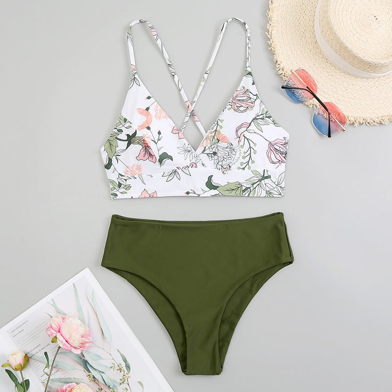 Women's Two Piece Set Swimwear Floral Printed Suspenders Bikini Swimsuit