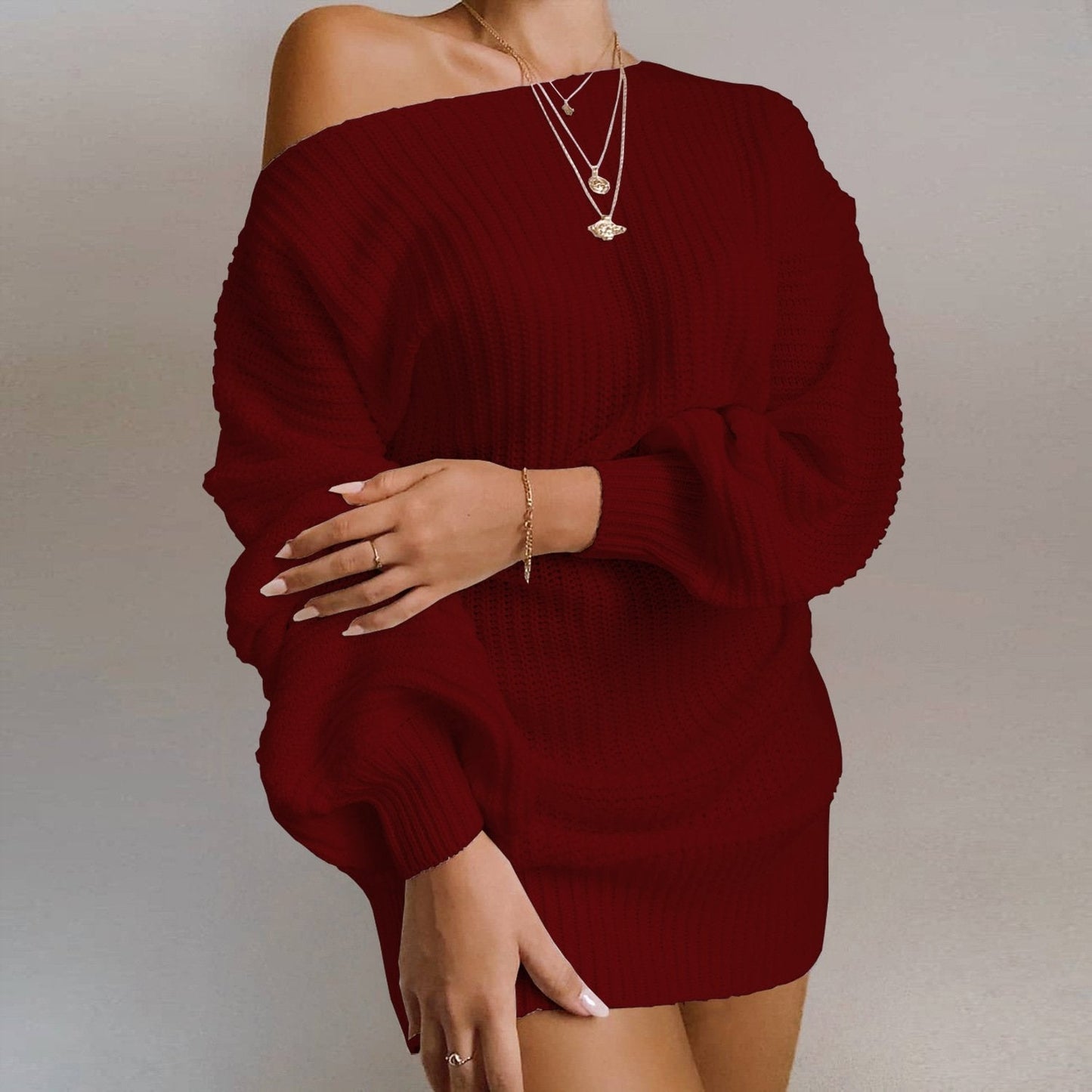 Y2k Fashion Sweater Dress Lantern Sleeve Off the Shoulder Oversized Sweater