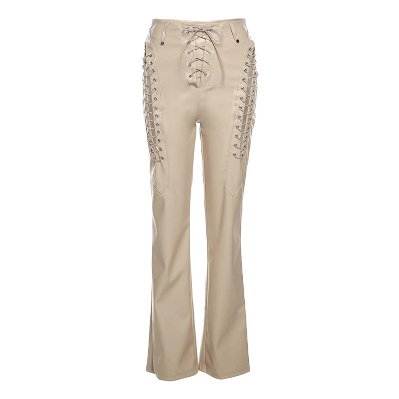 Womens Leather Pants Y2k Hollow Out Lace Up Drawstring Chic Trousers