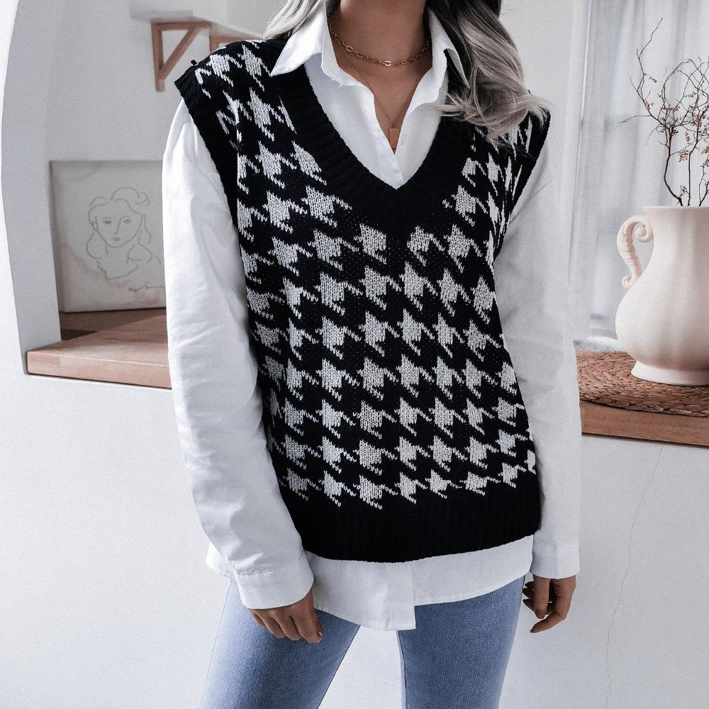 Women's Sweater Vest V-neck Houndstooth Casual Loose Pullover Knit Tops