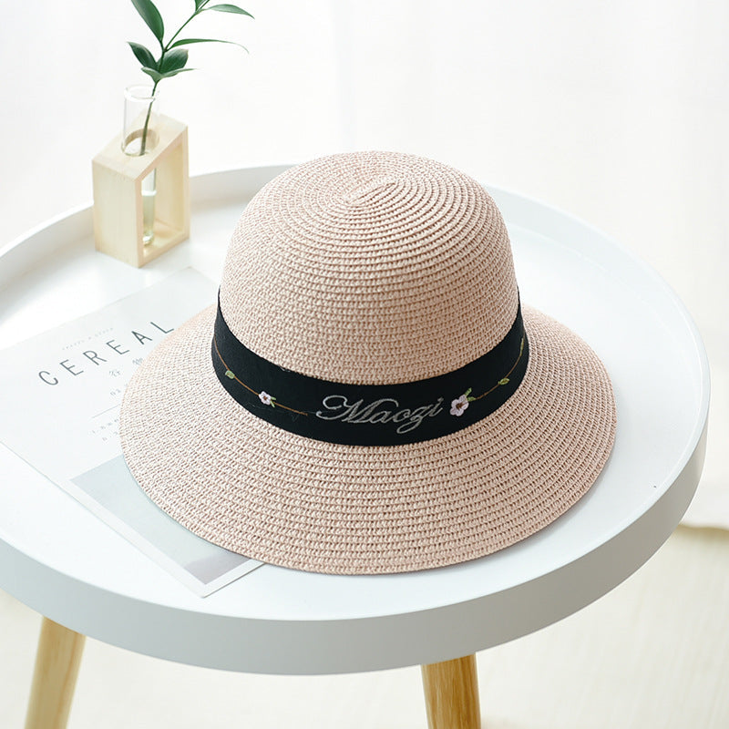 Women's Sun Hat Embroidered Pattern UV Protection Dome Straw Hat