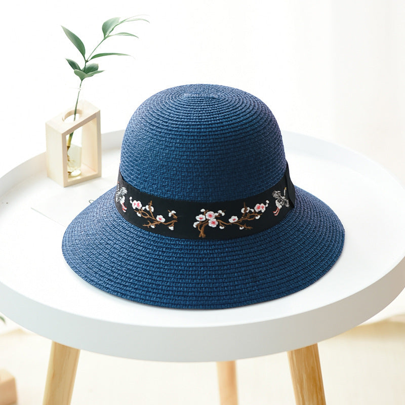 Women's Sun Hat Embroidered Pattern UV Protection Dome Straw Hat