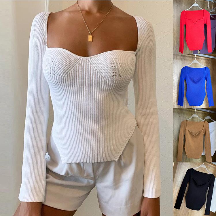 Women's Sweaters Square Collar Long Sleeve Slim Fit Knitted Pullover