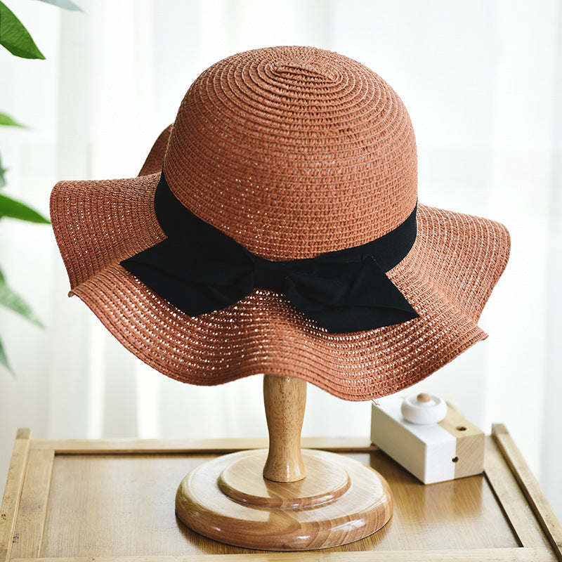 Women's Sun Hat Bowknot Wavy Brim PV Protection Straw Hat