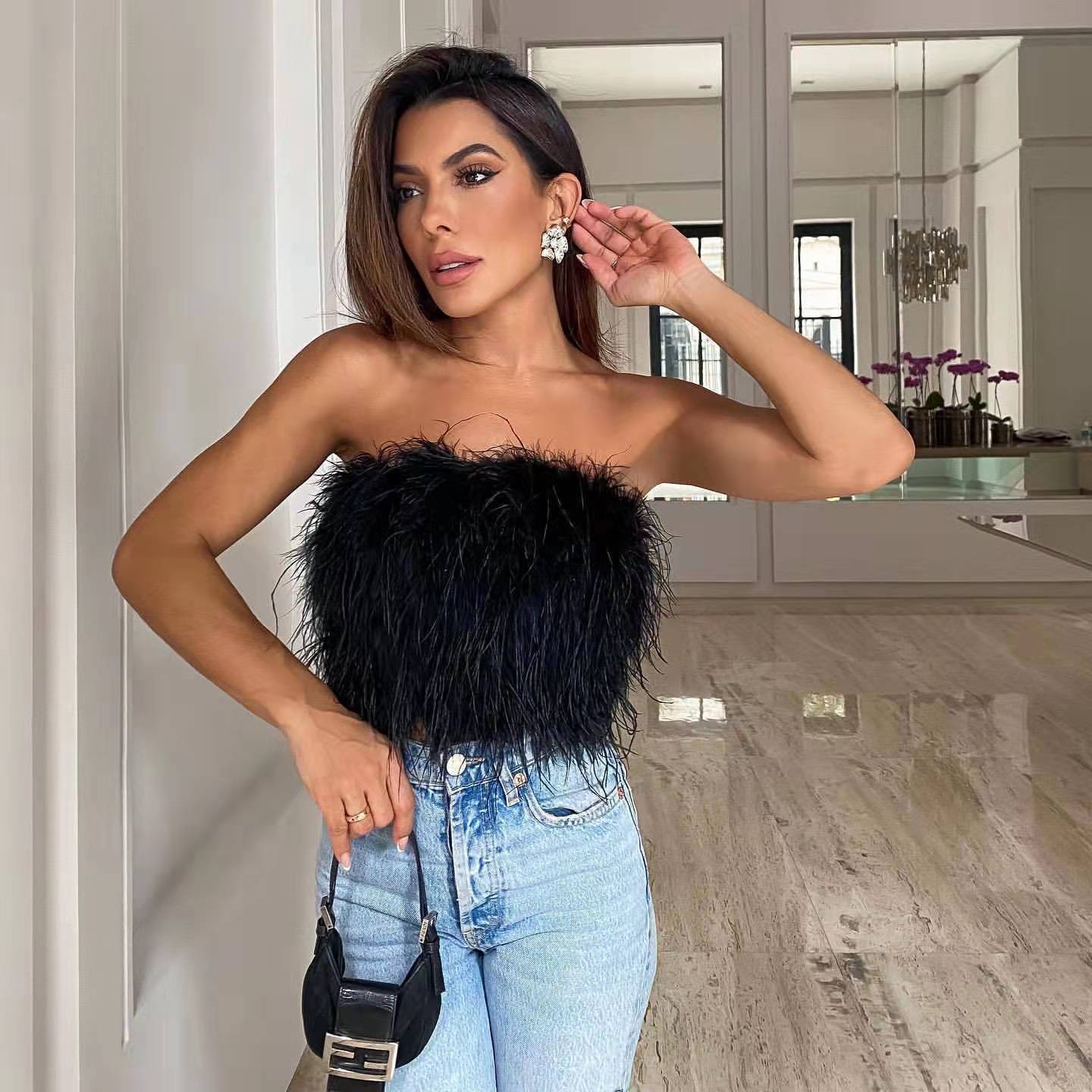 Women's Tube Top Sexy Backless Slim Fit Zipper Fur Vest