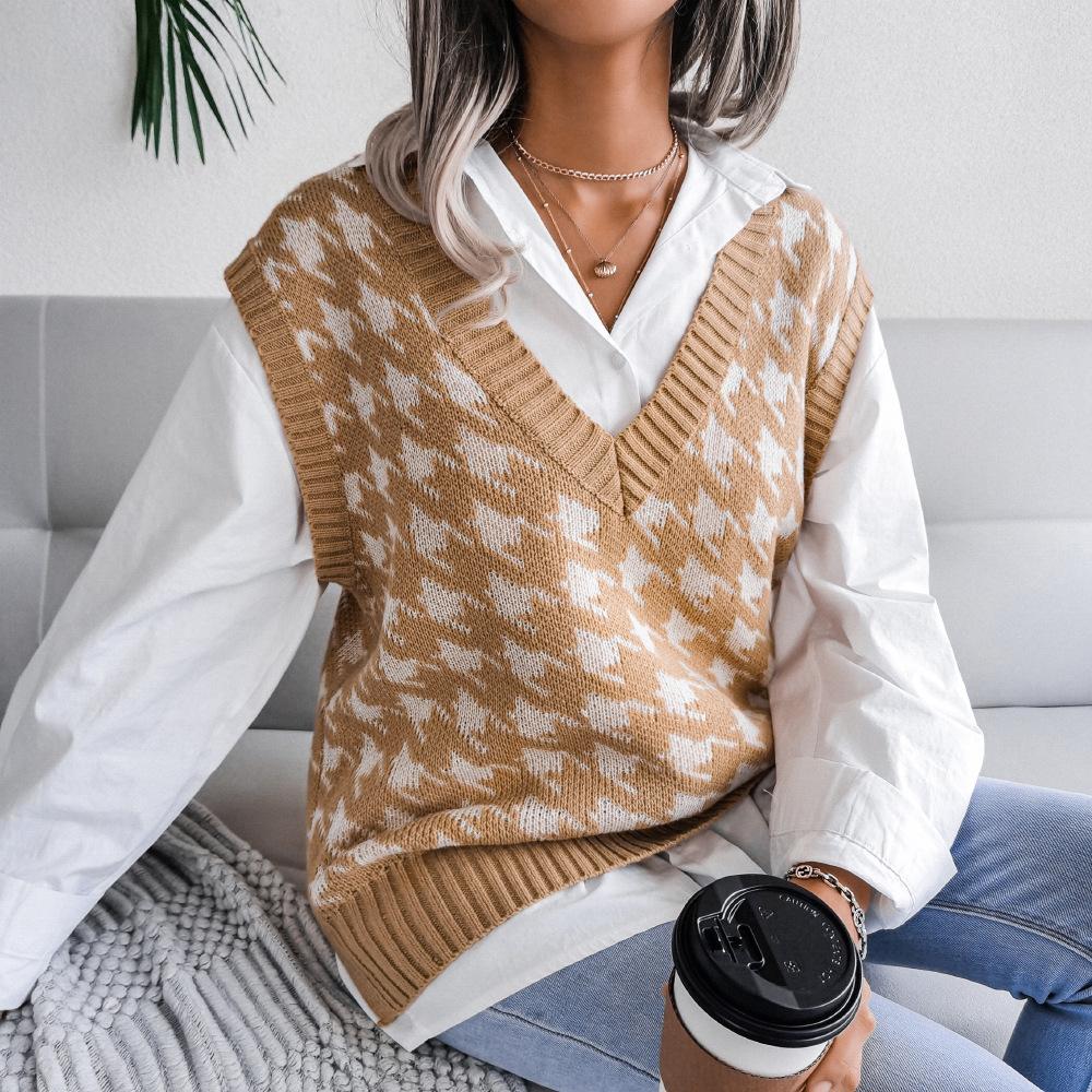 Women's Sweater Vest V-neck Houndstooth Casual Loose Pullover Knit Tops