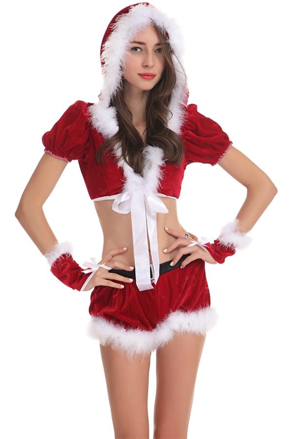 Womens Sexy Short Sleeve Crop Top Santa Christmas Costume Red