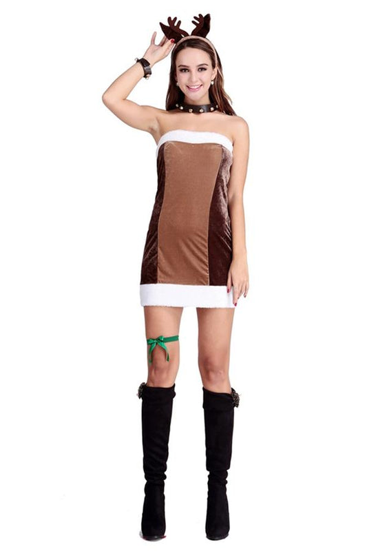 Womens Pretty Off Shoulder Reindeer Christmas Costume Chestnut