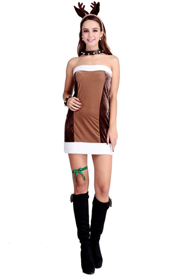 Womens Pretty Off Shoulder Reindeer Christmas Costume Chestnut