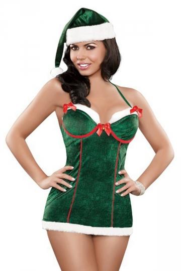 Womens Sexy Halter Bow Christmas Tree Costume Green