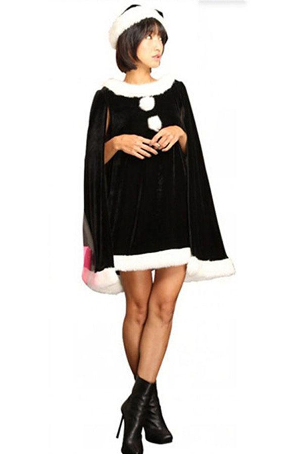 Womens Cape Sleeve Poncho Santa Christmas Costume Black