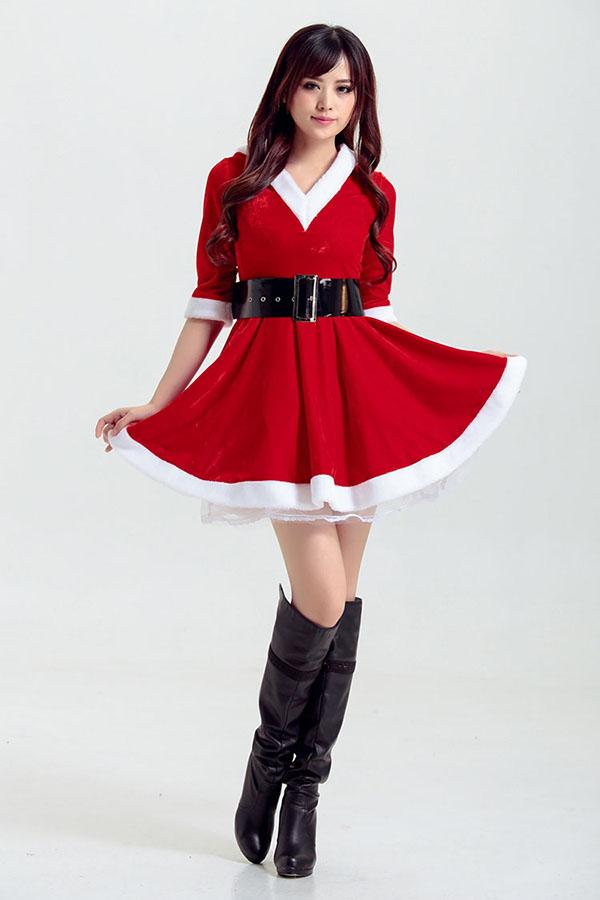 Womens V Neck Swing Santa Christmas Dress Costume Red