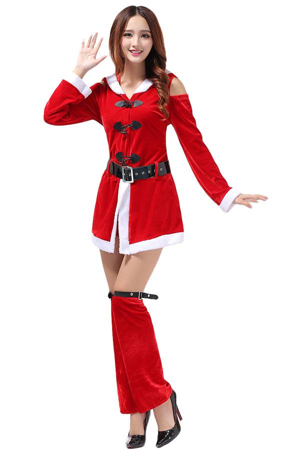 Womens Cold Shoulder Hooded Long Sleeve Christmas Santa Costume Red