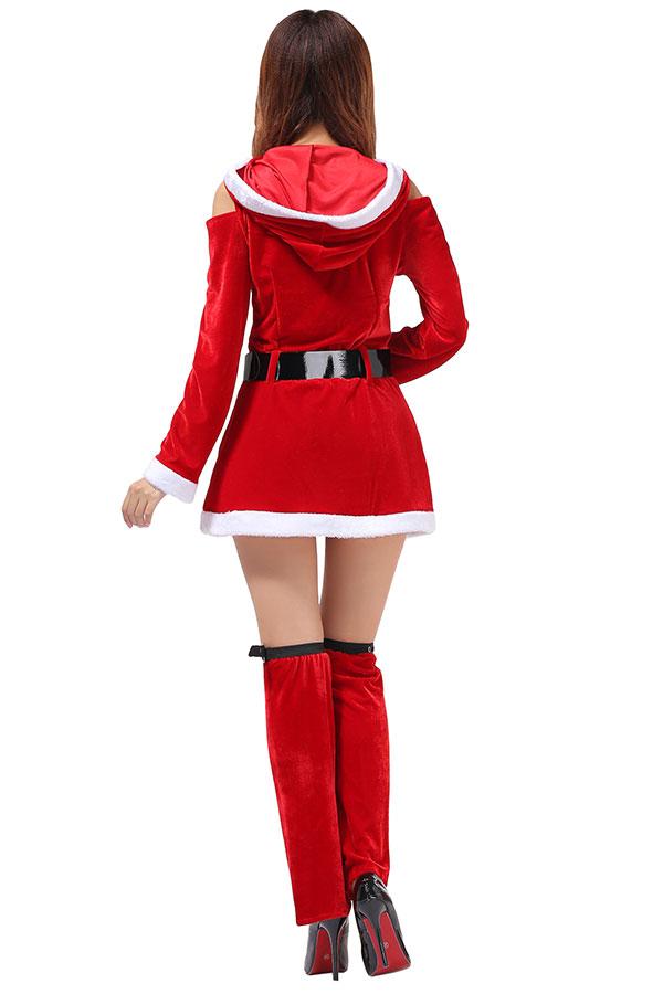 Womens Cold Shoulder Hooded Long Sleeve Christmas Santa Costume Red