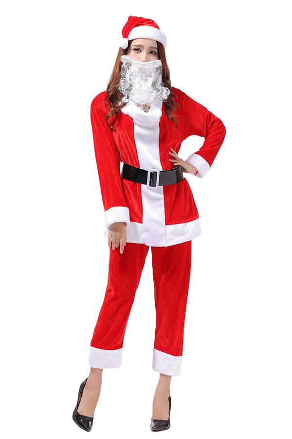 Womens Long Sleeve Top&Cropped Pants Christmas Santa Costume Red