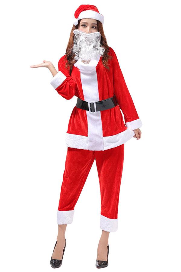 Womens Long Sleeve Top&Cropped Pants Christmas Santa Costume Red