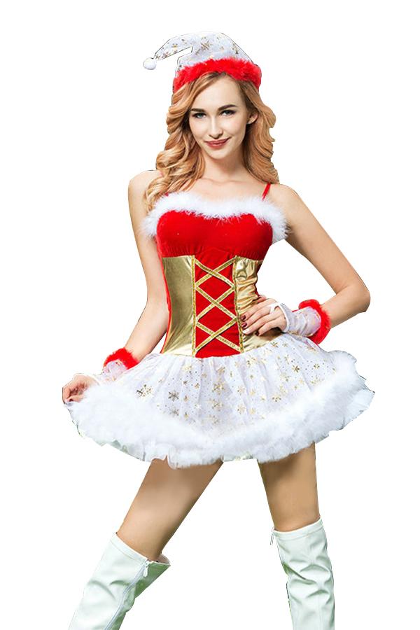 Womens Sexy Spaghetti Straps Cute Christmas Santa Costume Red