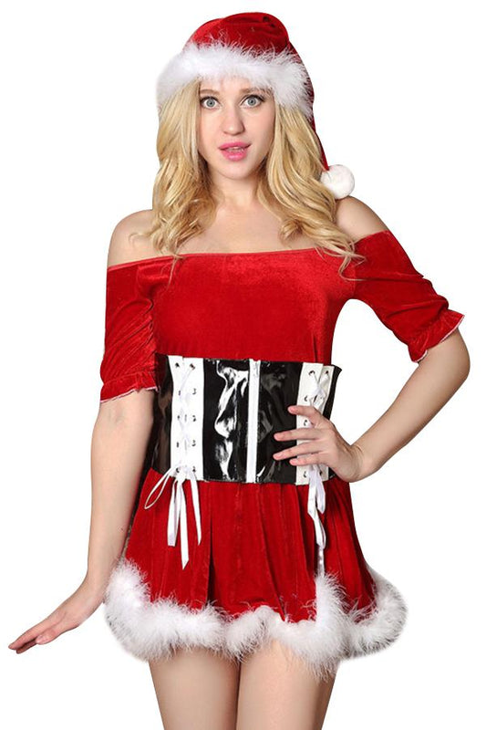 Womens Sexy Adult Off Shoulder Corset Christmas Santa Costume Red