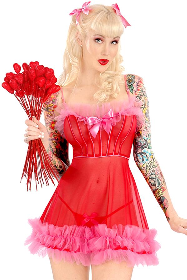 Womens Sexy Adult Sheer Ruffle Chemise Christmas Lingerie Red