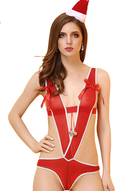 Womens Adult Deep V Backless Bowknot Jumpsuit Christmas Lingerie Red