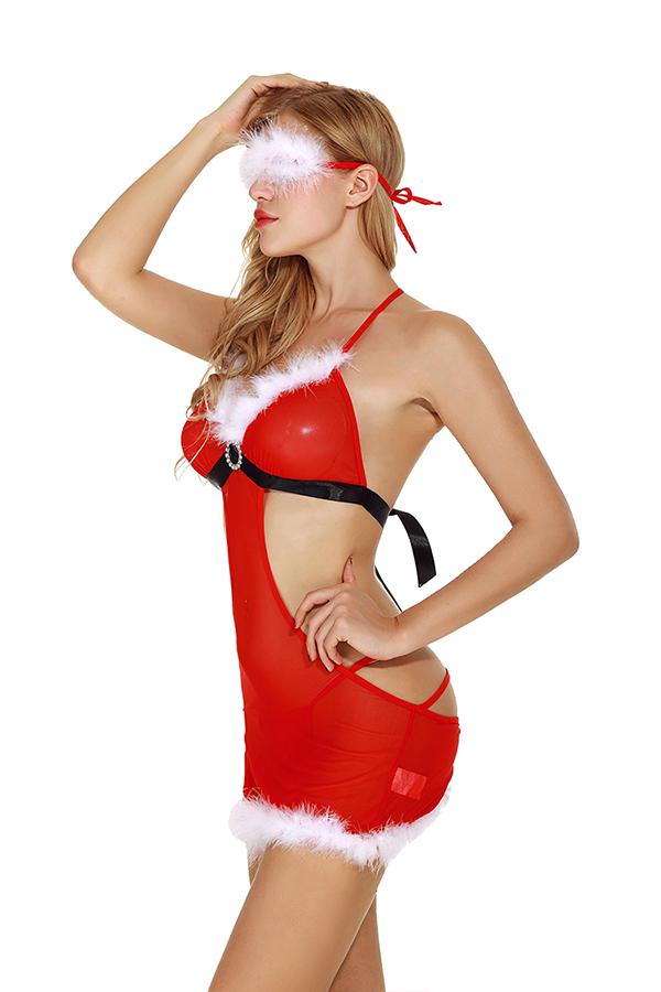 Womens Sexy Halter Sheer Backless Christmas Santa Lingerie Red