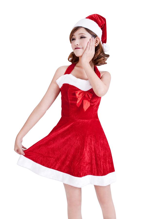 Womens Sexy Halter Off Shoulder Vestido Christmas Santa Costume Red