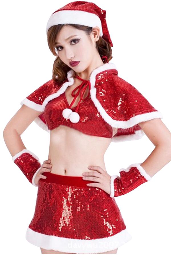 Womens Sexy Sequin Cape Crop Top Christmas Santa Costume Red