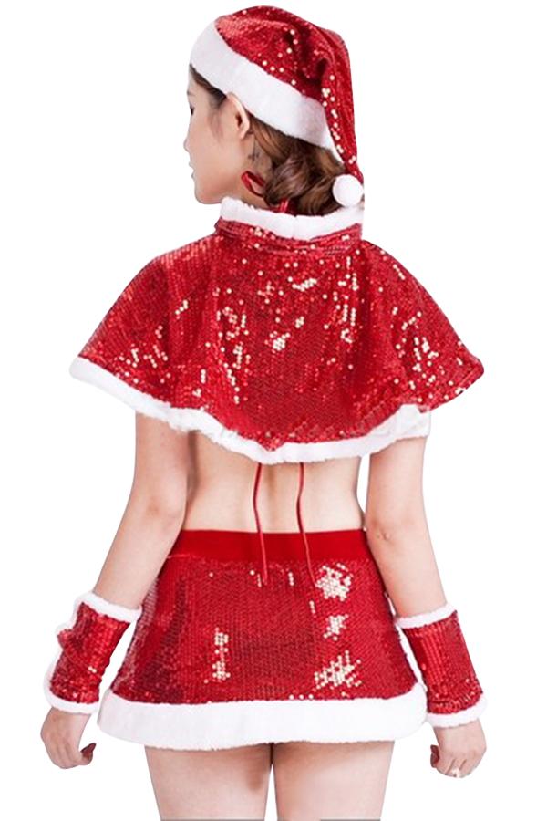 Womens Sexy Sequin Cape Crop Top Christmas Santa Costume Red