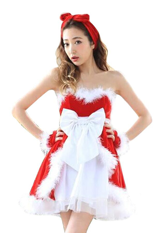 Womens Sexy Off Shoulder Fur Bow Lace Up Christmas Santa Costume Red