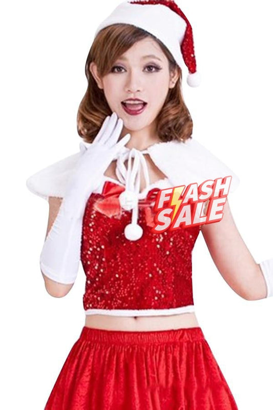 Womens Sexy Sequin Bow Shawl Off Shoulder Christmas Santa Costume Red